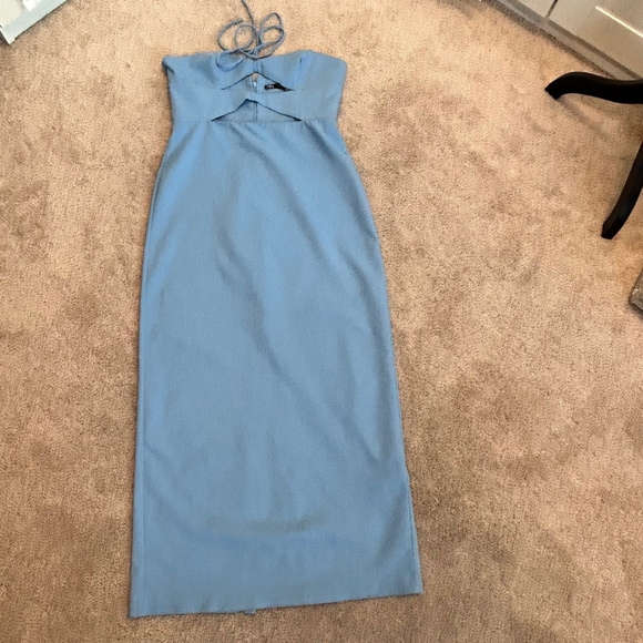 Zara blue cut-out halter top bodycon midi dress Sz L NWOT bloggers fave - Picture 8 of 16